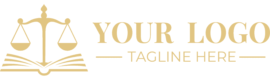 Illustration of a logo featuring balanced scales above an open book, with the words "Your Logo" and "Tagline Here" beside it.