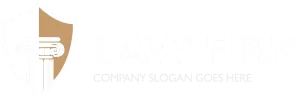 Logo featuring a shield with a column, adjacent to the text "Law Firm" and placeholder slogan "Company Slogan Goes Here" in light tones.