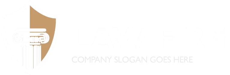Logo featuring a shield with a column, adjacent to the text "Law Firm" and placeholder slogan "Company Slogan Goes Here" in light tones.