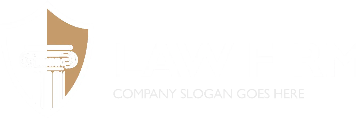 Logo featuring a shield with a column, adjacent to the text "Law Firm" and placeholder slogan "Company Slogan Goes Here" in light tones.