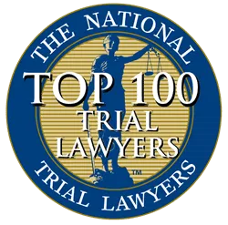 Round blue and gold emblem featuring "The National Trial Lawyers" text and "Top 100 Trial Lawyers" with a statue holding scales.