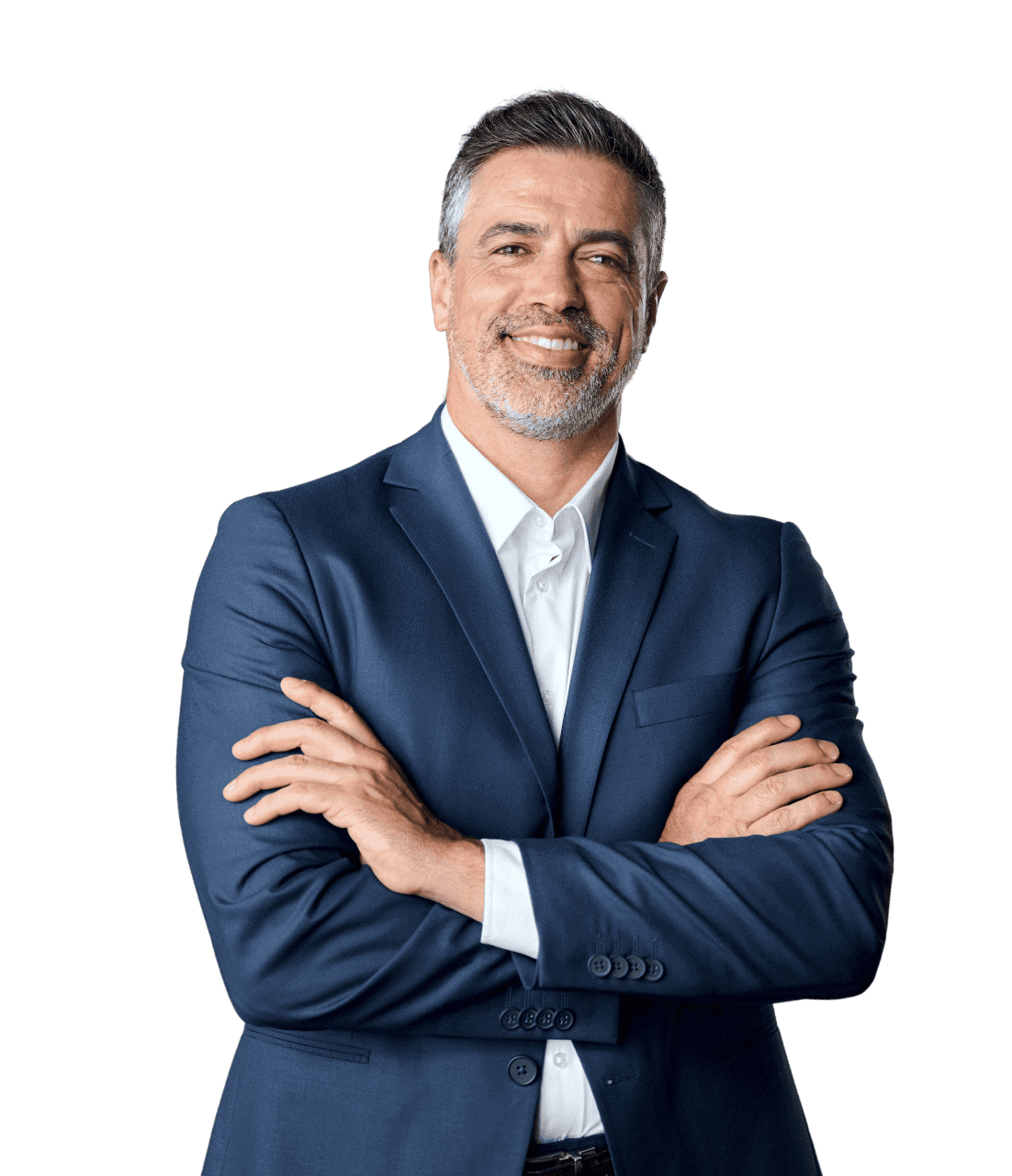 A man in a blue suit with a white shirt stands with arms crossed, smiling.