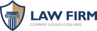 Logo of a law firm with a shield design featuring a column. The text reads "LAW FIRM" and "COMPANY SLOGAN GOES HERE.
